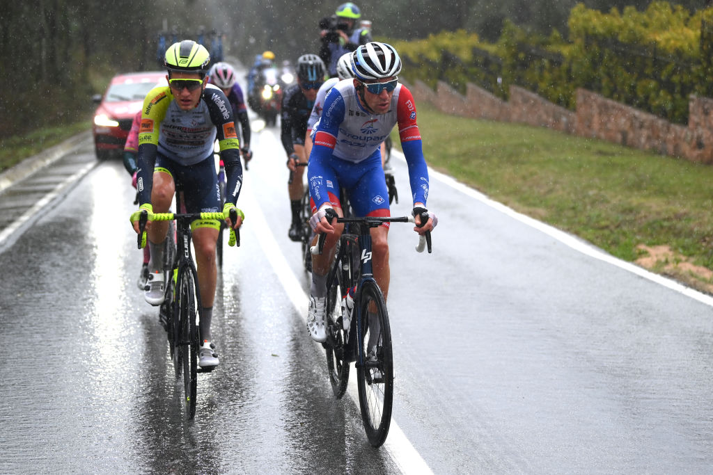 SANT FELIU DE GUIXOLS SPAIN MARCH 21 LR Tho Delacroix of France and Team Intermarch Wanty Gobert Matriaux and Bruno Almirail of France and Team Groupama FDJ compete in the breakaway during the 101st Volta Ciclista a Catalunya 2022 Stage 1a 171km stage from Sant Feliu de Guxols to Sant Feliu de Guxols VoltaCatalunya101 WorldTour on March 21 2022 in Sant Feliu de Guixols Spain Photo by David RamosGetty Images