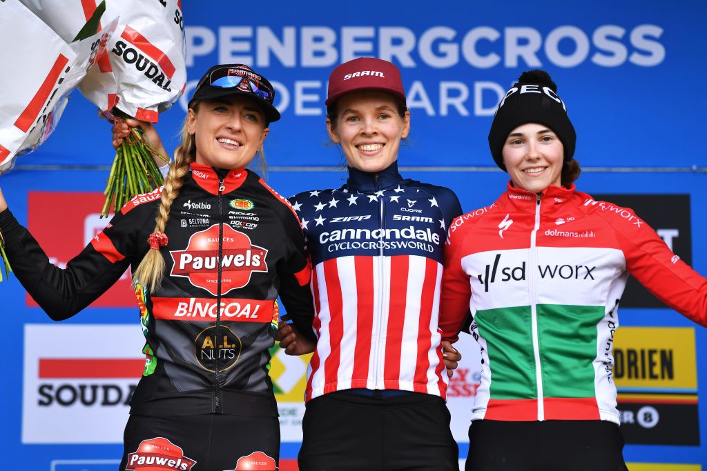 OUDENAARDE BELGIUM NOVEMBER 01 LR Denise Betsema of The Netherlands and Team Pauwels Sauzen Bingoal on second place race winner Clara Honsinger of The United States and Team CannondaleCyclocrossworld and Blanka Vas Kata of Hungary Team SD Worx on third place pose on the podium ceremony after the 32nd Koppenbergcross Grand Prix Jolien Verschueren 2021 Womens Elite Koppenbergcross Oudenaarde X2OBadkamersTrofee on November 01 2021 in Oudenaarde Belgium Photo by Luc ClaessenGetty Images
