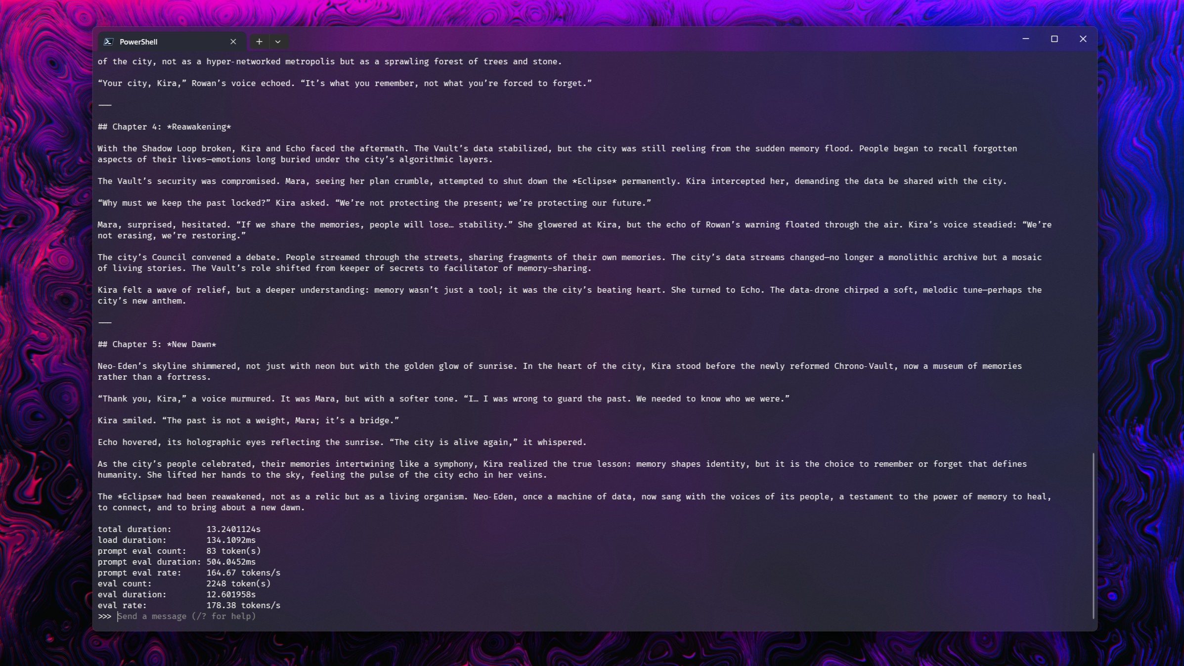 Ollama running gpt-oss:20b on Windows inside Windows Terminal displaying its performance metrics.