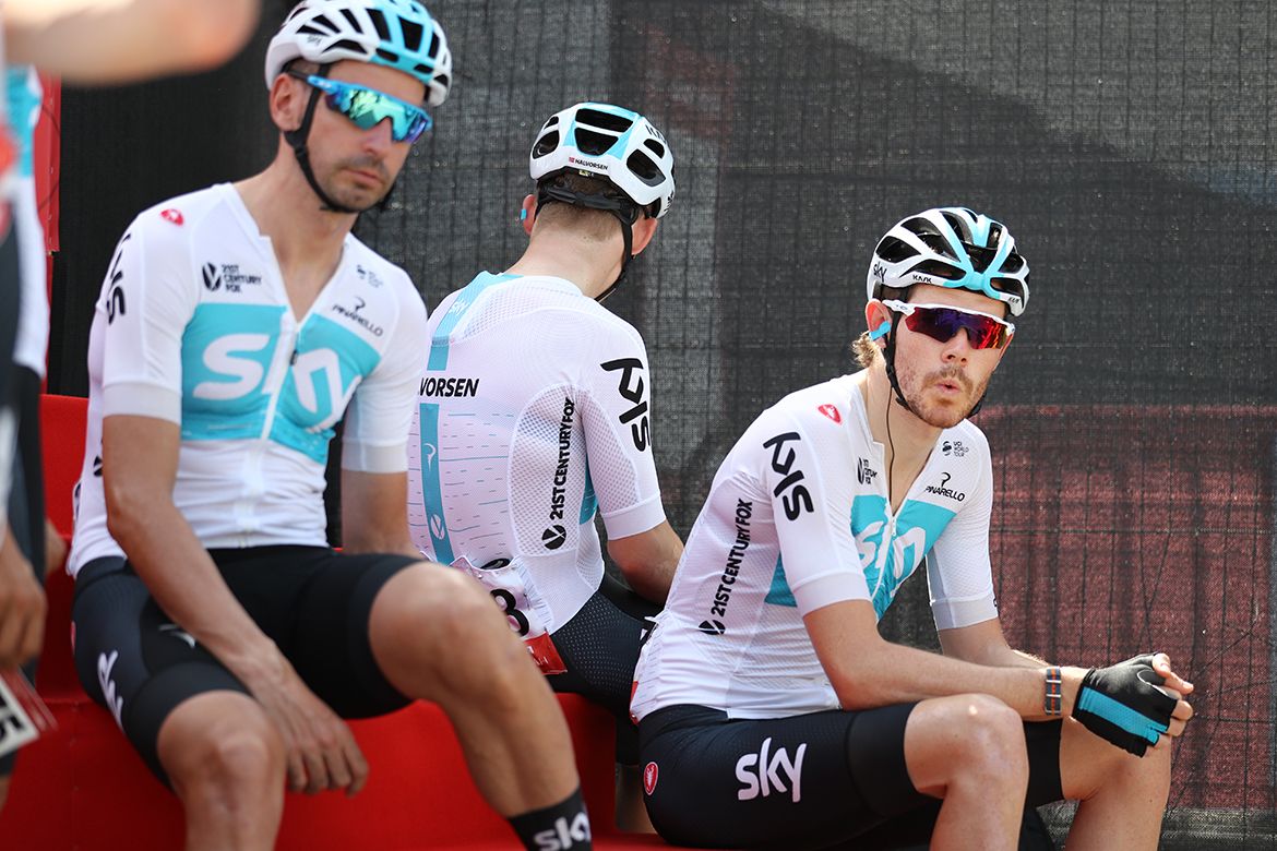 Luke Rowe and Team Sky await the start