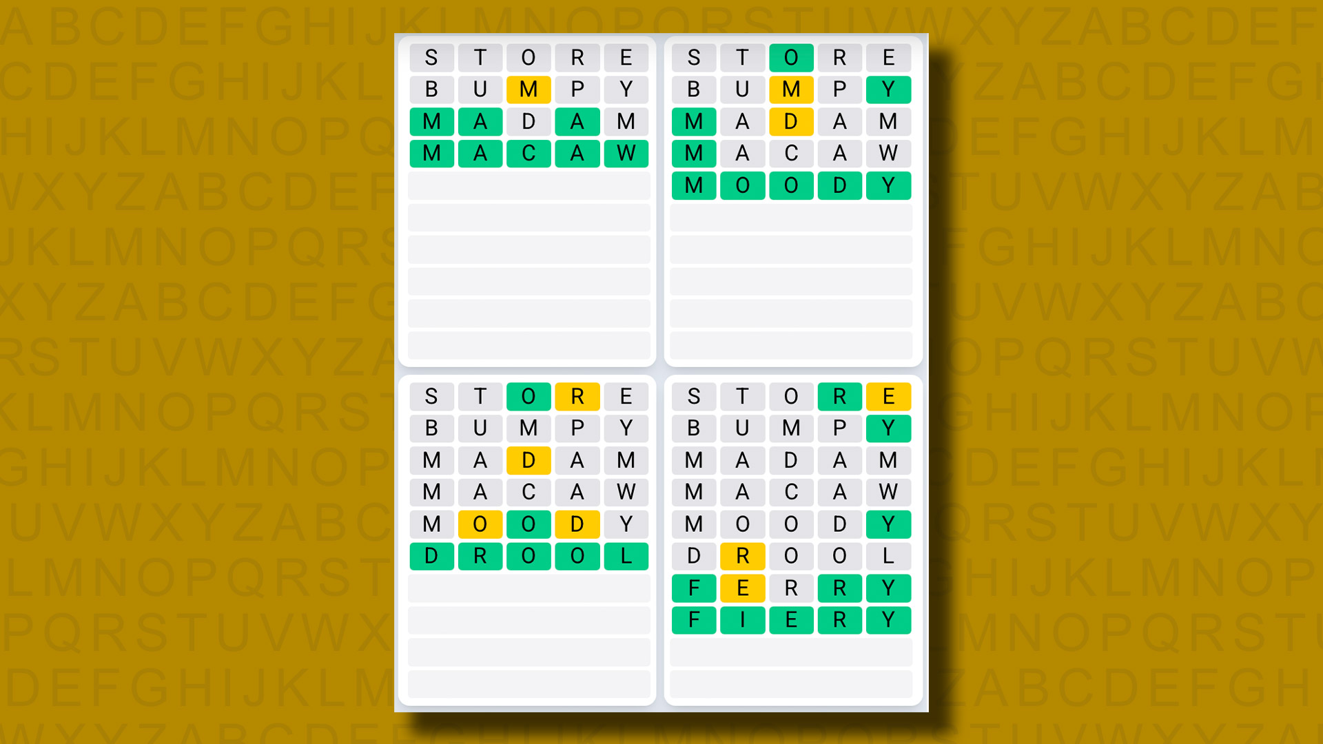 Quordle Daily Sequence answers for game 1142 on a yellow background