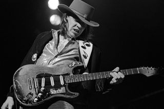 Stevie Ray Vaughan performs onstage at the Warfield Theater in San Francisco on November 24, 1984