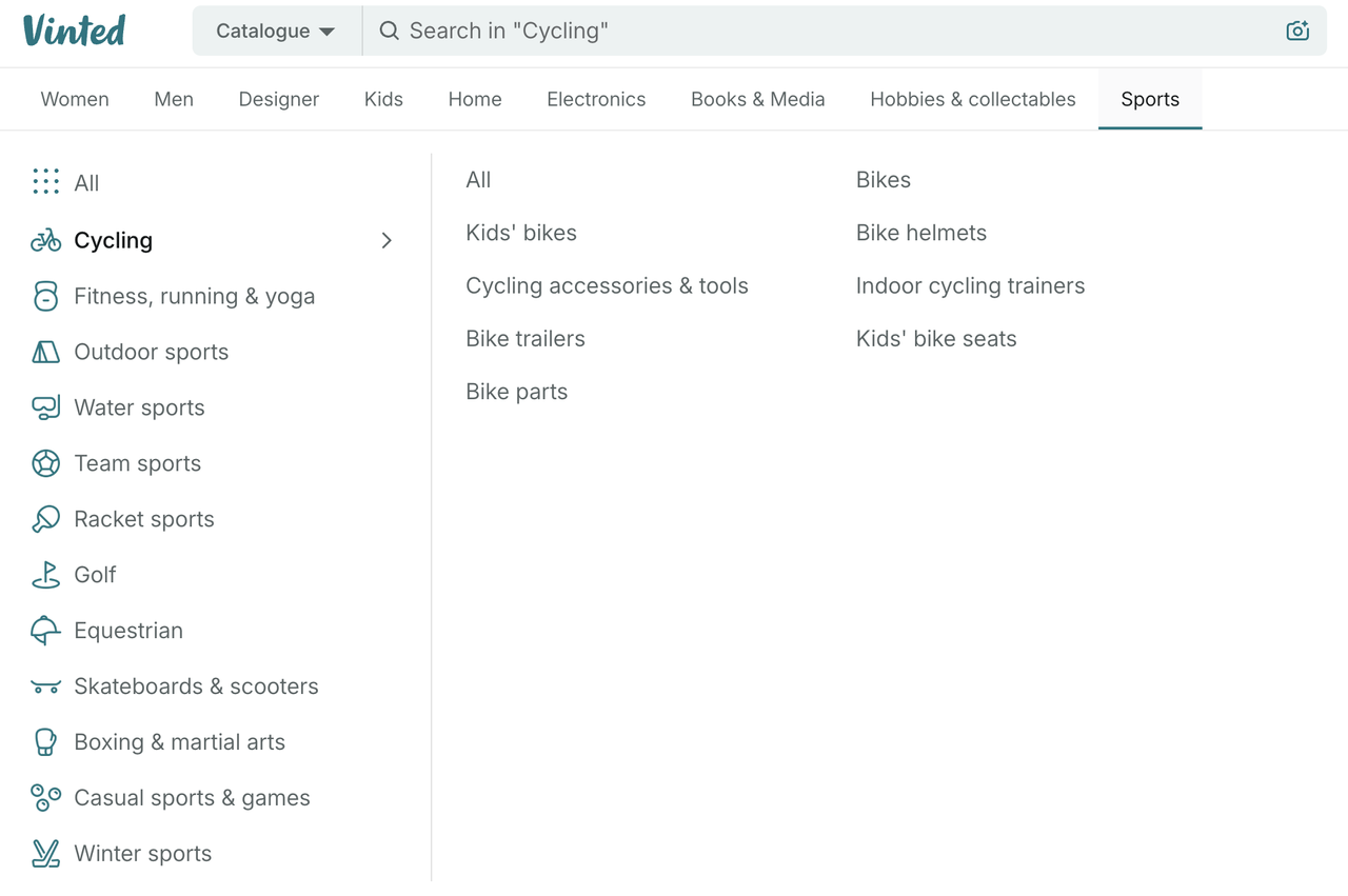 Screenshot of cycling clothing listings on Vinted