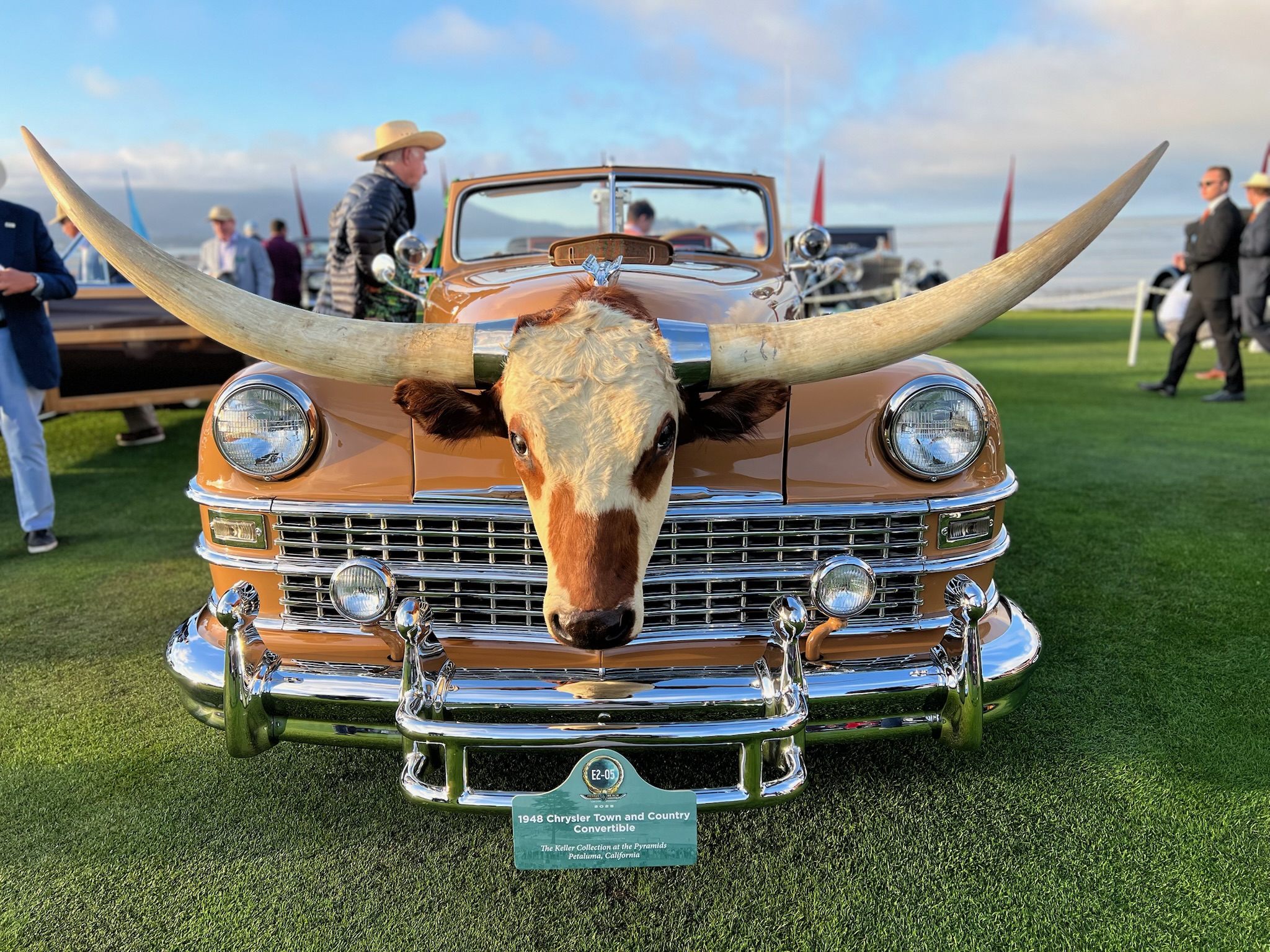 Front view of a tan, 1948 Town and Country Chrysler convertible car with the head and horns of a Texas Longhorn.