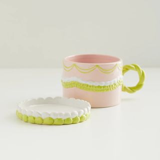 cake and coaster large coffee mug in pink and lime green