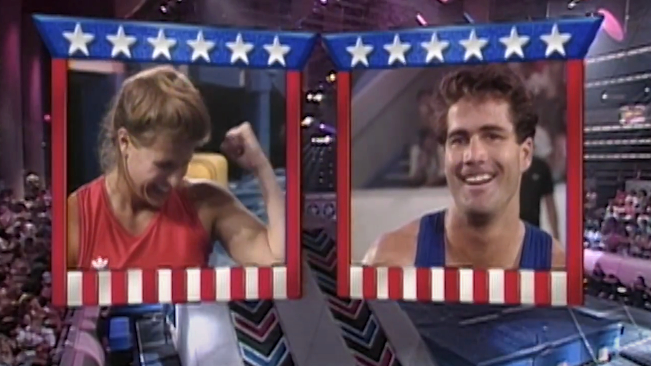 The victorious competitors pictured in front of the obstacle course from American Gladiators S2 E4.