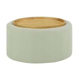 Sage green round coffee table in boucle fabric with removable wooden top 