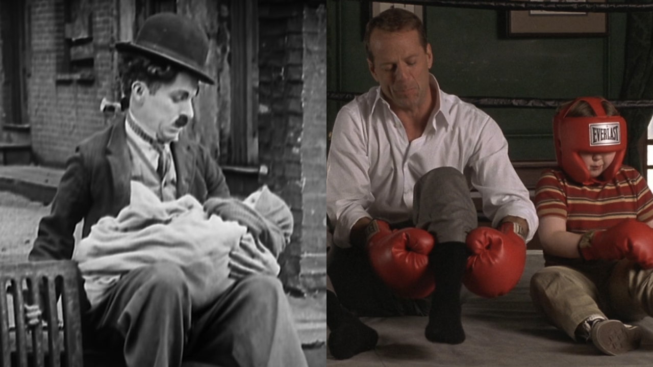 Charlie Chaplin in The Kid and Bruce Willis and Spencer Breslin in The Kid