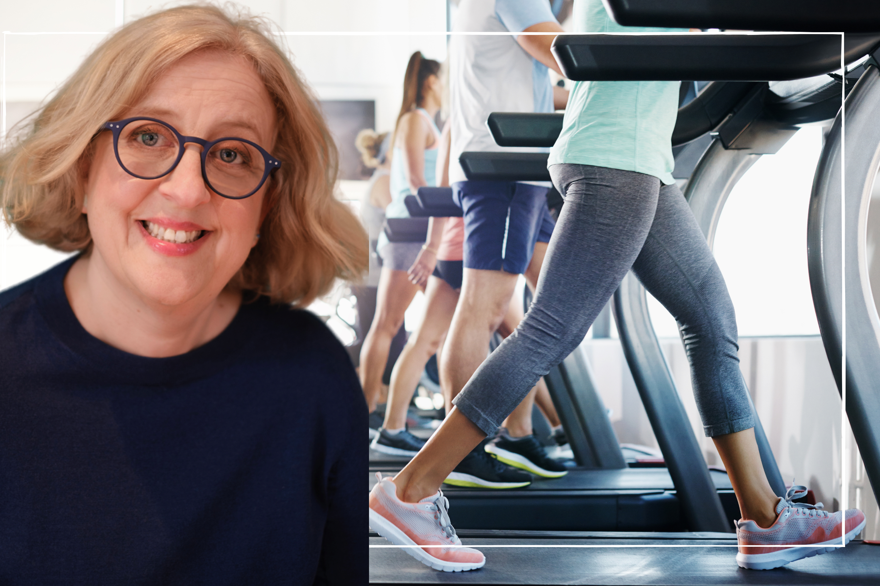 A profile picture of Sharon Wright alongside an image on several women on treadmills 