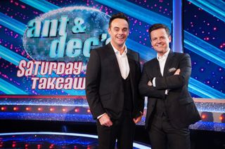 Ant and Dec standing on stage for Saturday Night Takeaway 2023