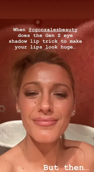 A closeup of Blake Lively's face with plump lips and a caption that says she used a "shadow lip trick to make your lips look huge."