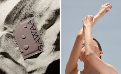 粉红色包装的SAWAA清新系列面膜，埋在沙子里，旁边的女孩抱着胳膊晒太阳