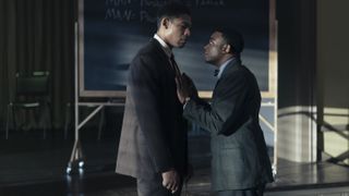 Aaron Pierre and Freddie Fulton as Malcolm X and Reginald talking in Genius: MLK/X