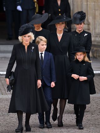 Queen Camilla, Kate Middleton, Prince George, Princess Charlotte, Duchess Sophie all wear black at Queen Elizabeth's State Funeral on September 19, 2022