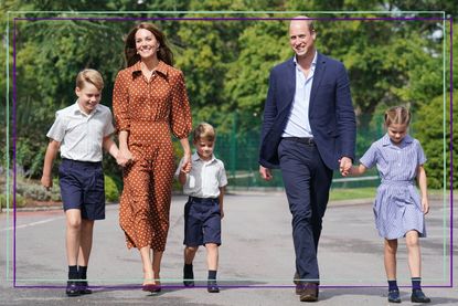 Prince George, Princess Charlotte and Prince Louis (C), accompanied by their parents the Prince William, and Kate Middleton smile as they walk Lambrook School, near Ascot on September 7, 2022 in Bracknell, England. 