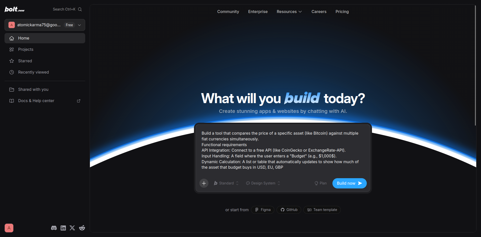 Using the AI no-code prompt box on the Bolt.new platform.