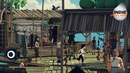 Lana and Mui run through a wooden marketplace on stilts above a gorgeous blue ocean in Planet of Lana 2, with the Indie Spotlight branded GamesRadar+ badge in the corner