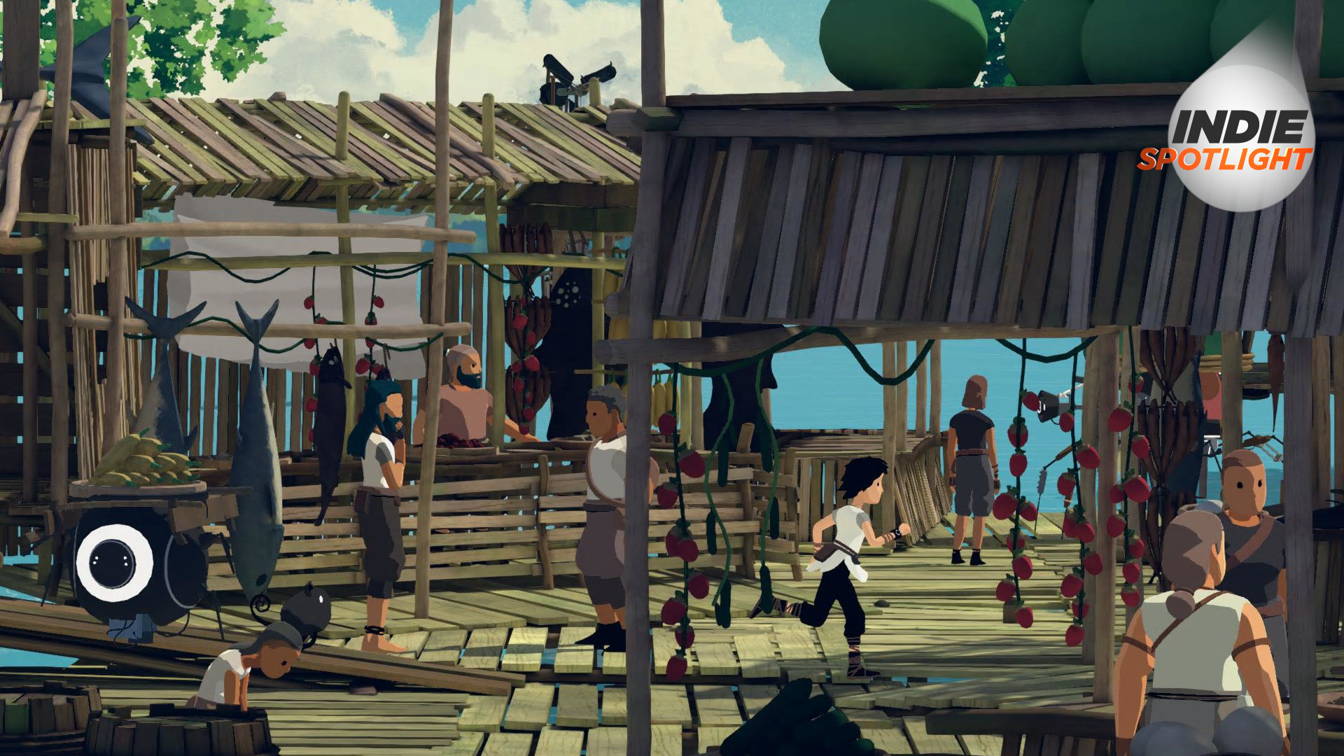 Lana and Mui run through a wooden marketplace on stilts above a gorgeous blue ocean in Planet of Lana 2, with the Indie Spotlight branded GamesRadar+ badge in the corner
