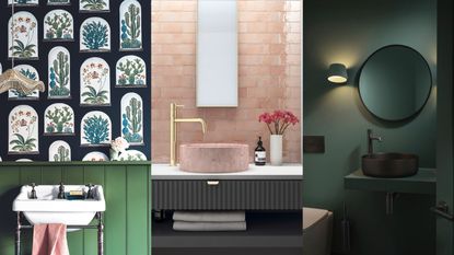 Cloakroom with wood panelling, tongue and groove painted green, with a basin and botanical pattern wallpaper. / Tiled pink bathroom, with pink basin, gold tap and white counter top. a gold rimmed mirror hanging on the wall / A dark green bathroom with a black rimmed mirror, black basin and back taps. A black wall light adds a gentle glow 