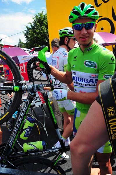 Points leader Peter Sagan (Liquigas-Cannondale) shows off his custom-painted bike.
