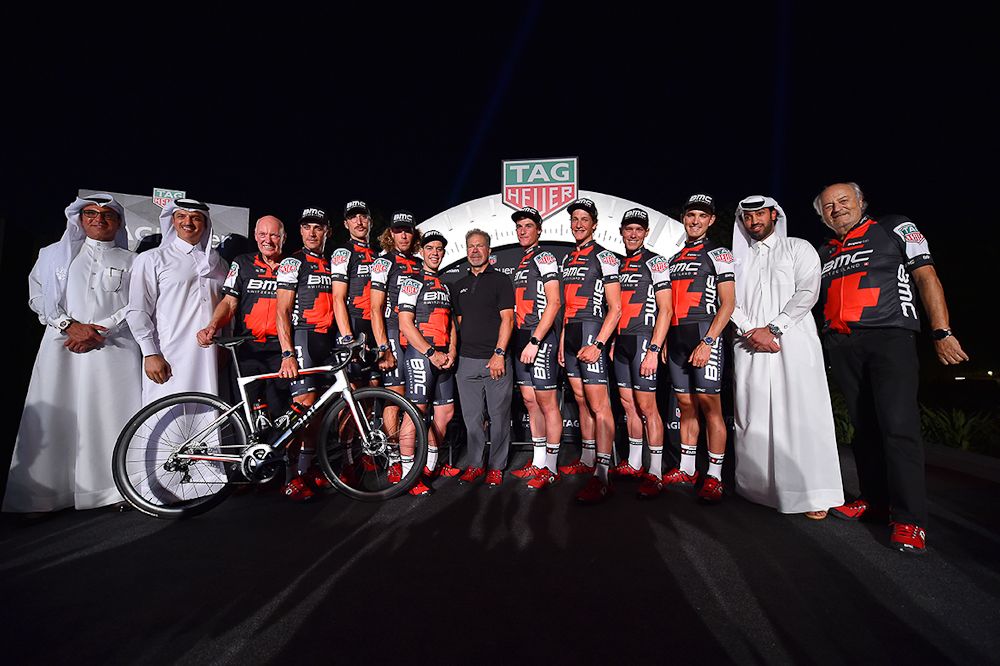 BMC Racing riders gather at the press conference in Doha.
