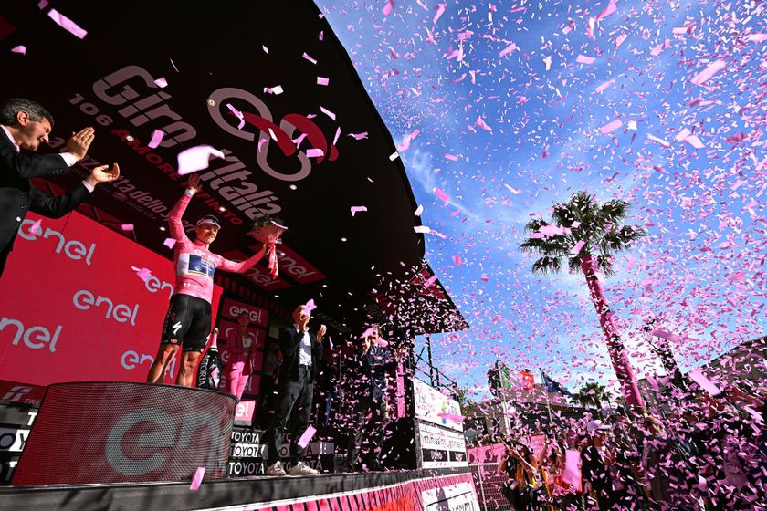 ORTONA, ITALY - MAY 06: Remco Evenepoel of Belgium and Team Soudal - Quick Step celebrates at podium as Pink Leader Jersey winner during the 106th Giro d&#039;Italia 2023, Stage 1 a 19.6km individual time trial from Fossacesia Marina to Ortona / #UCIWT / on May 06, 2023 in Ortona, Italy. (Photo by Stuart Franklin/Getty Images,)