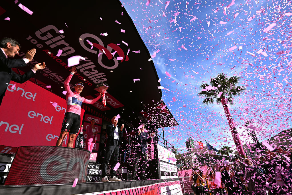 ORTONA, ITALY - MAY 06: Remco Evenepoel of Belgium and Team Soudal - Quick Step celebrates at podium as Pink Leader Jersey winner during the 106th Giro d&#039;Italia 2023, Stage 1 a 19.6km individual time trial from Fossacesia Marina to Ortona / #UCIWT / on May 06, 2023 in Ortona, Italy. (Photo by Stuart Franklin/Getty Images,)