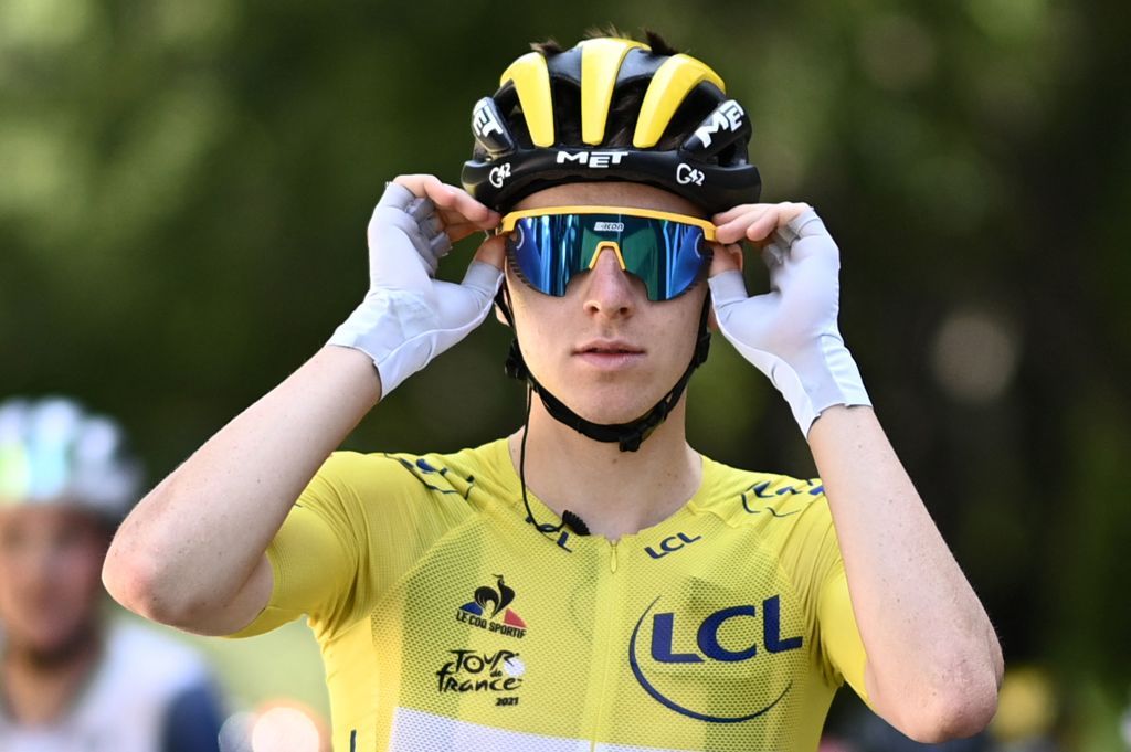 Team UAE Emirates Tadej Pogacar of Slovenia wearing the overall leaders yellow jersey waits prior to the 13th stage of the 108th edition of the Tour de France cycling race 219 km between Nimes and Carcassonne on July 09 2021 Photo by AnneChristine POUJOULAT AFP Photo by ANNECHRISTINE POUJOULATAFP via Getty Images