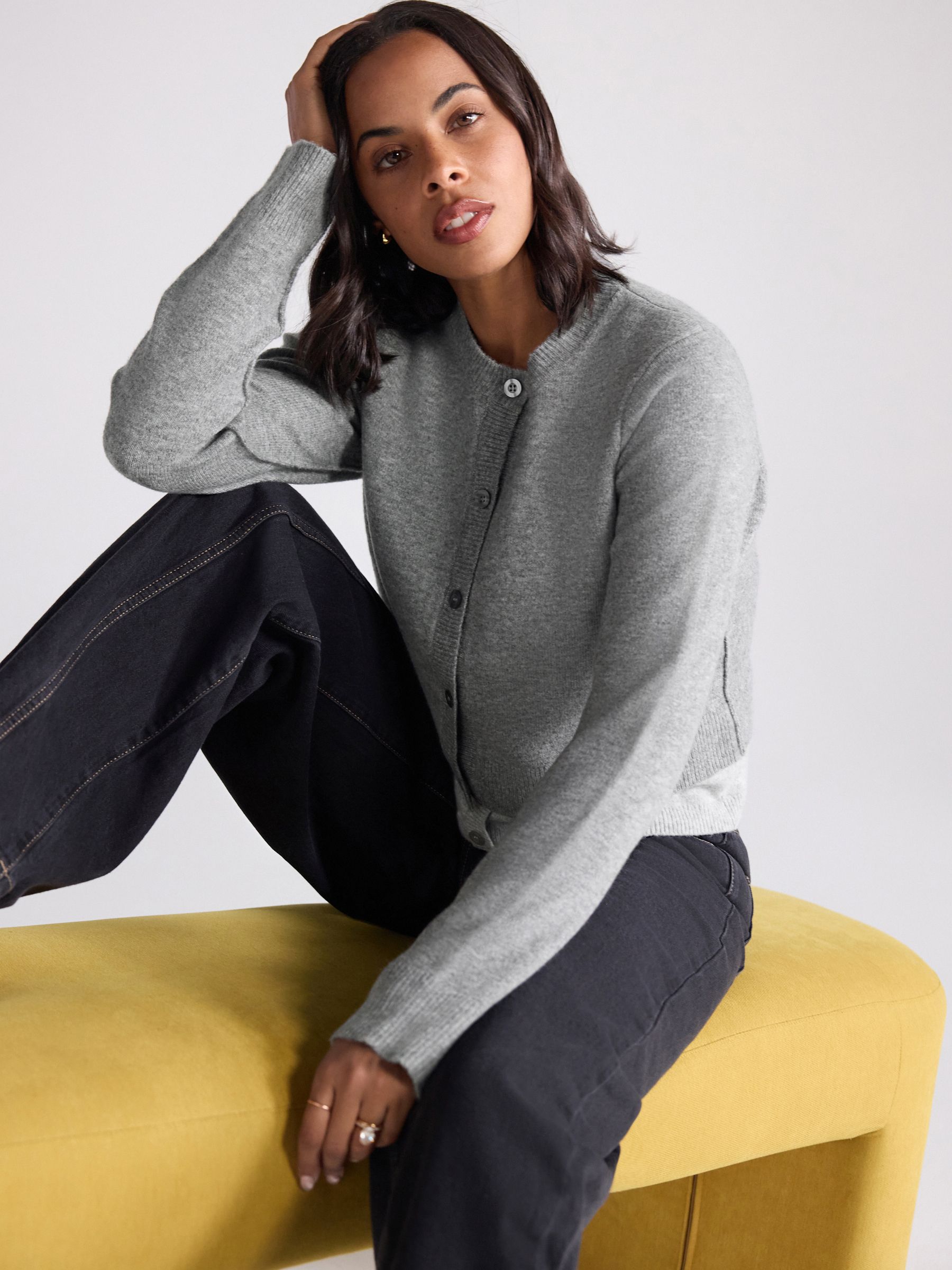 Grey Double Layer Crew Neck Cardigan With Wool