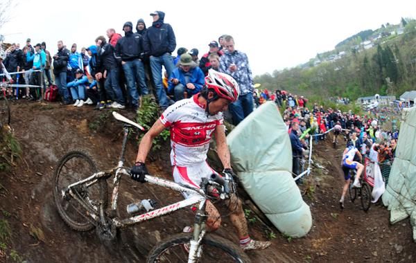 A rider runs down one of the slippery descents.