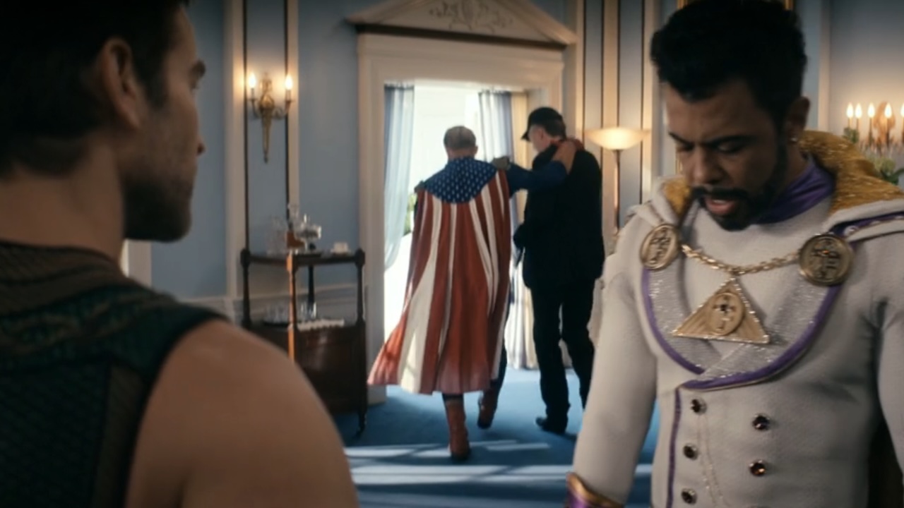 Homelander walking the billionaire outside while Oh Father talks to The Deep in The Boys series finale