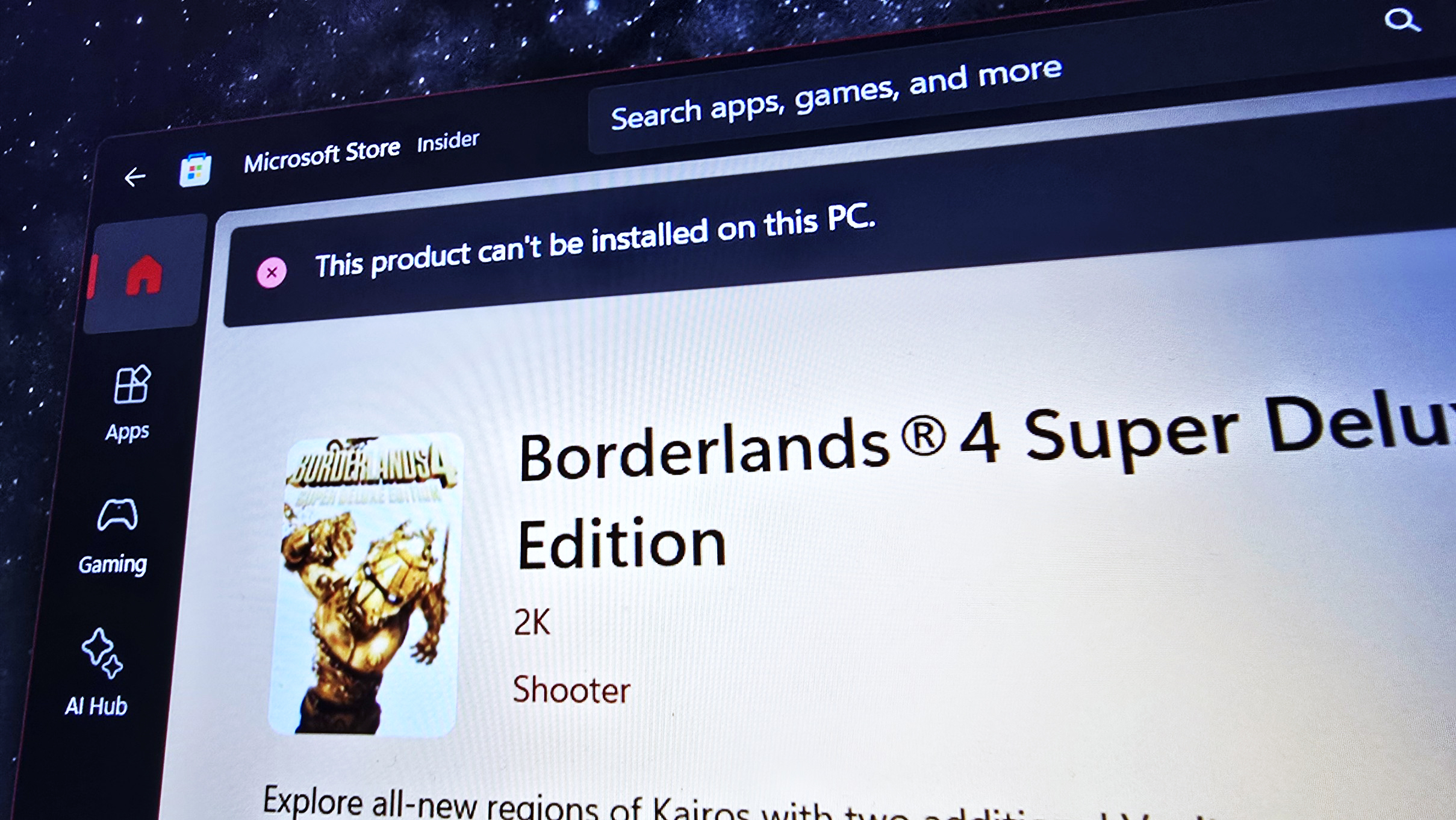Photo of the Microsoft Store on Windows 11 and Borderlands 4's listing.
