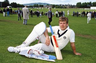 Former Rangers and Scotland goalkeeper Andy Goram poses in his cricket attire while waiting to bat for Scotland against Sussex in 1991.