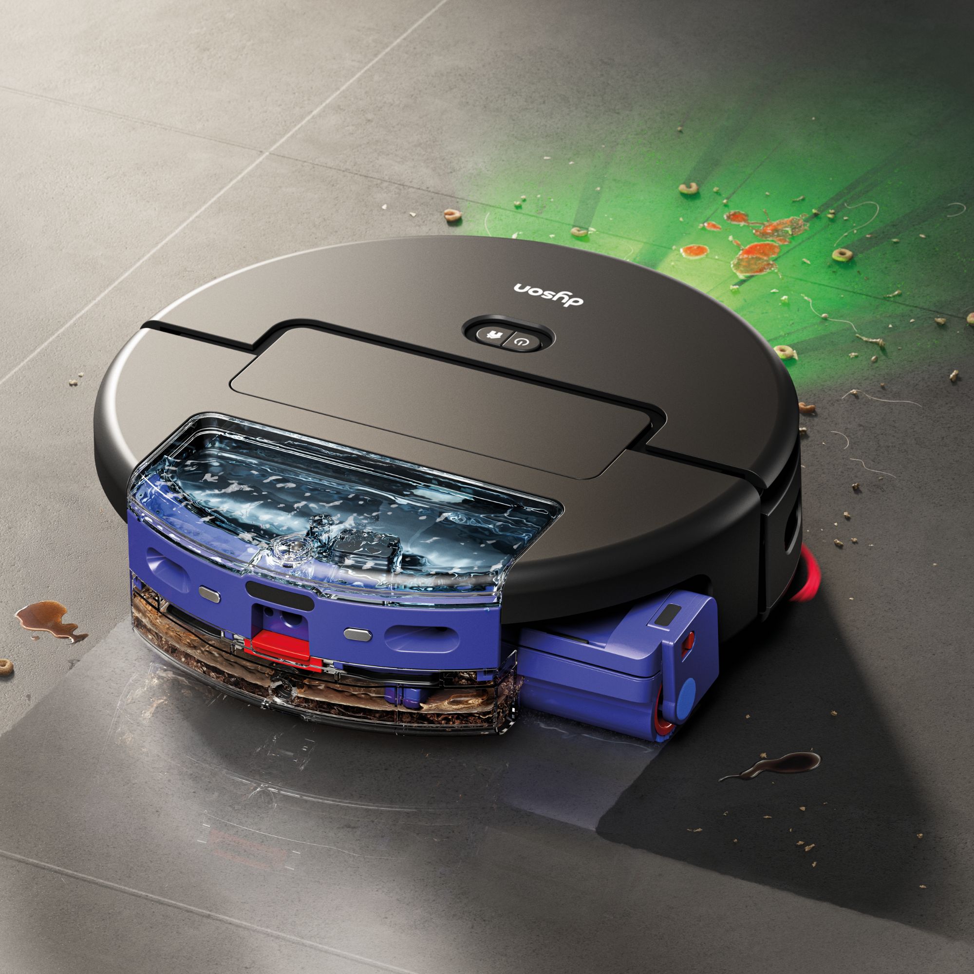 Dyson Spot+Scrub AI Robot Vacuum cleaning black floor covered in debris