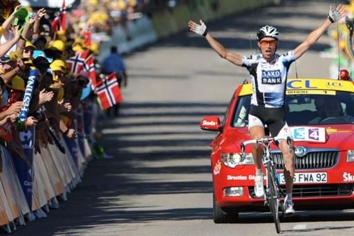 Denmark's Nicki S&ouml;rensen (Team Saxo Bank) had plenty of time to celebrate his stage victory.