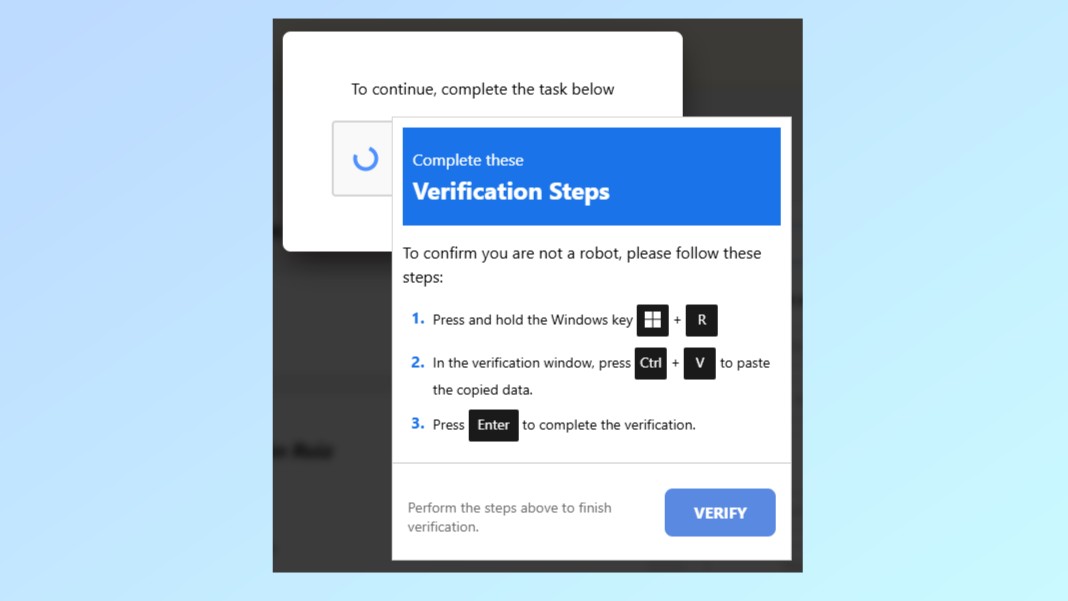 A screenshot showing how a fake verification page tries to trick users into running malicious code copies to their clipboard
