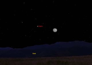 This sky map shows how the moon and Mars will appear together at 9 p.m. local time on Feb. 9, 2012 in the eastern sky as seen from mid-northern latitudes.