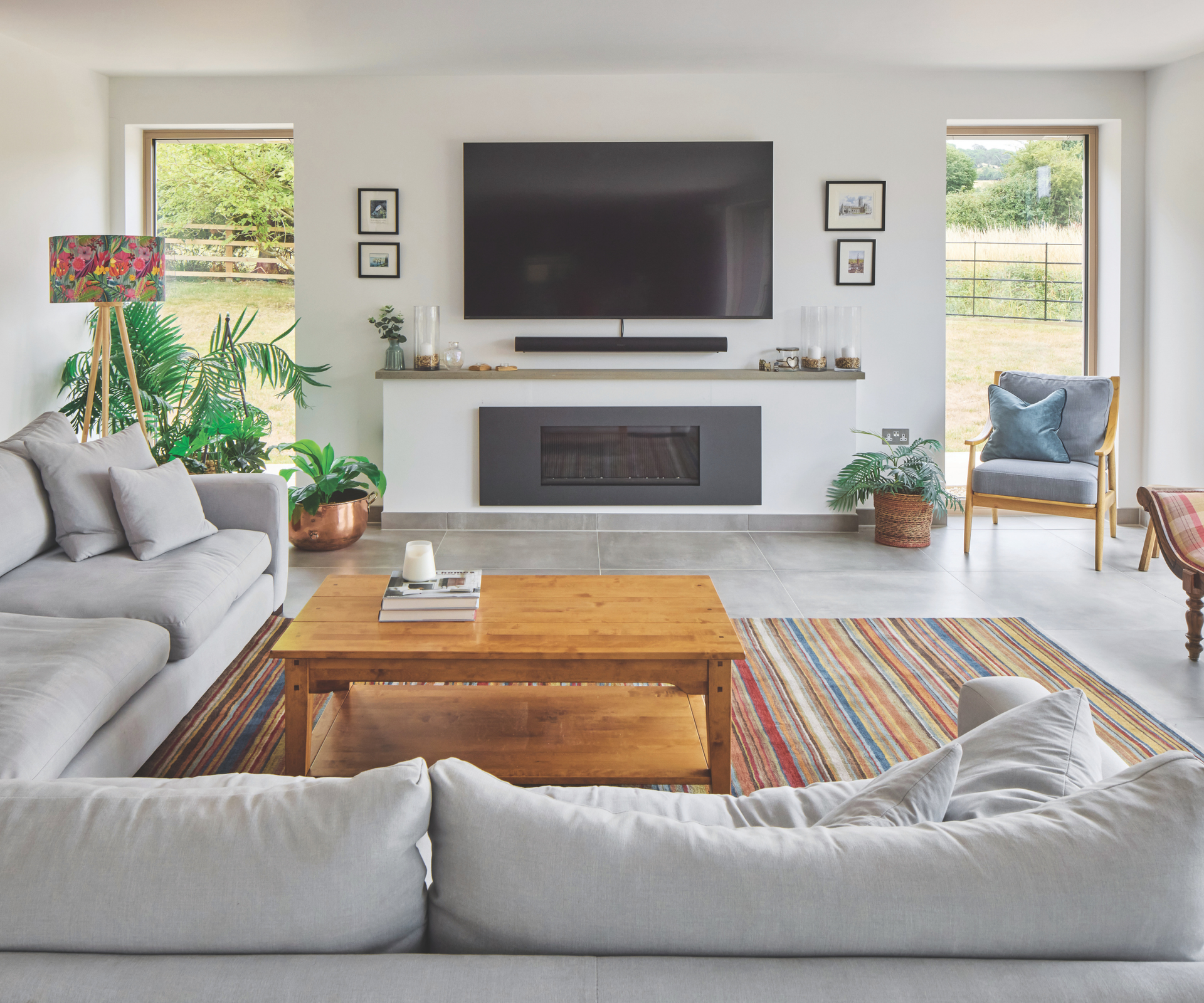 Living room setup with ample natural light