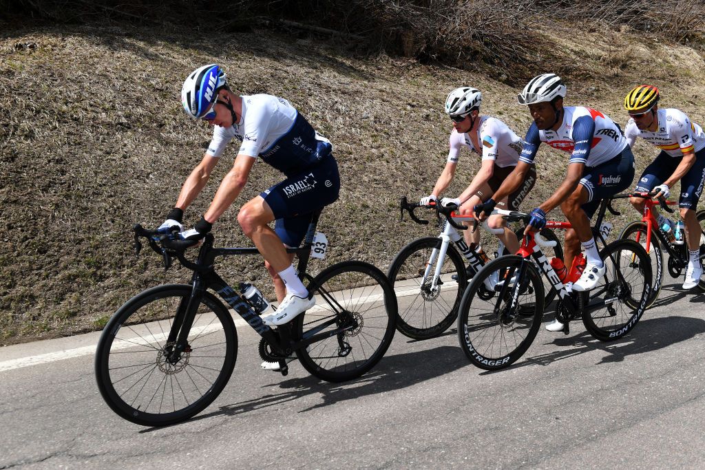 PIEVEDIBONO ITALY APRIL 22 Christopher Froome of United Kingdom and Team Israel StartUp Nation Amanuel Ghebreigzabhier Werkilul of Eritrea and Team Trek Segafredo Nicolas Prodhomme of France and Ag2R Citroen Team Luis Leon Sanchez Gil of Spain and Team Astana Premier Tech on breakaway during the 44th Tour of the Alps 2021 Stage 4 a 1686 to stage from Naturns to Valle del Chiese Pieve di Bono TourofTheAlps TouroftheAlps on April 22 2021 in Pieve di Bono Italy Photo by Tim de WaeleGetty Images
