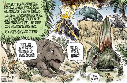 Editorial cartoon World Climate change global warming extinction dinosaurs hoax fake news