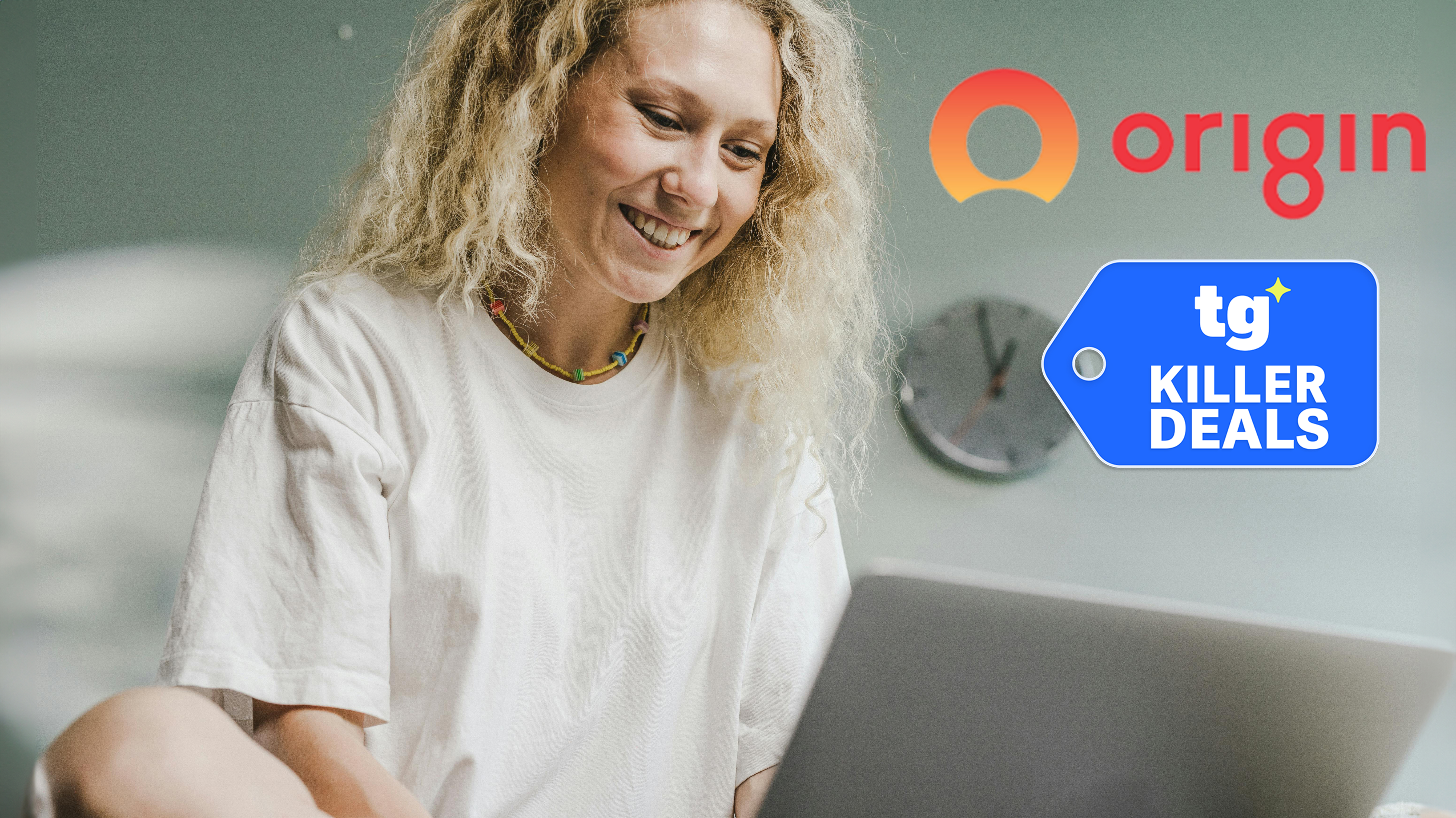 Woman on laptop with TG deals badge and origin logo