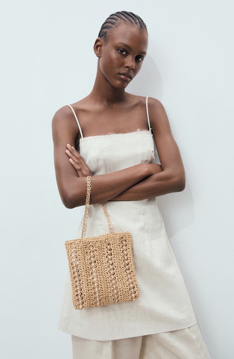 Ring Embellished Woven Straw Tote