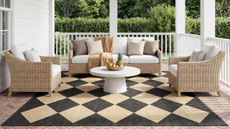 a decorative outdoor rug from amazon on a patio with patio furniture