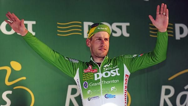 Gediminas Bagdonas (An Post-Sean Kelly) on stage to receive the points leader's jersey.