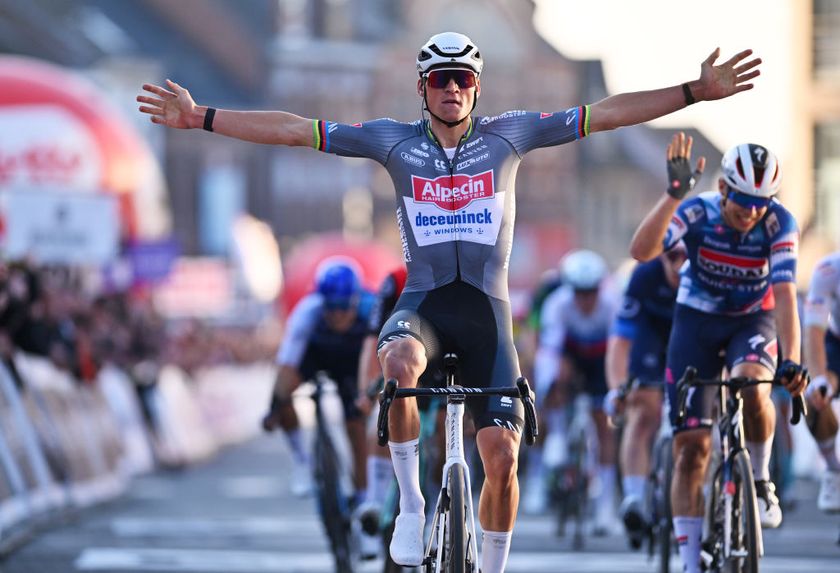 DOUR BELGIUM MARCH 04 Mathieu van der Poel of Netherlands and Team Alpecin Deceuninck celebrates at finish line as race winner during the the 57th Ename Samyn Classic 2025 a 1991km one day race from Quaregnon to Dour on March 04 2025 in Dour Belgium Photo by Luc ClaessenGetty Images