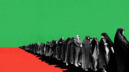 Photo composite of Iranian women standing in line to vote