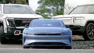 Coolest EV features showing Rivian R1S, Lucid Air Touring, and GMC Sierra EV.