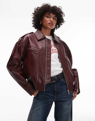 Topshop Faux Leather Cropped Collar Bomber Jacket in Burgundy