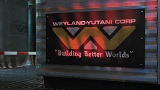 a black sign with yellow printing that reads "weyland-yutani corp" on top. in the middle is a combined yellow 'w' and white 'y'. at the bottom are the words "building better worlds"