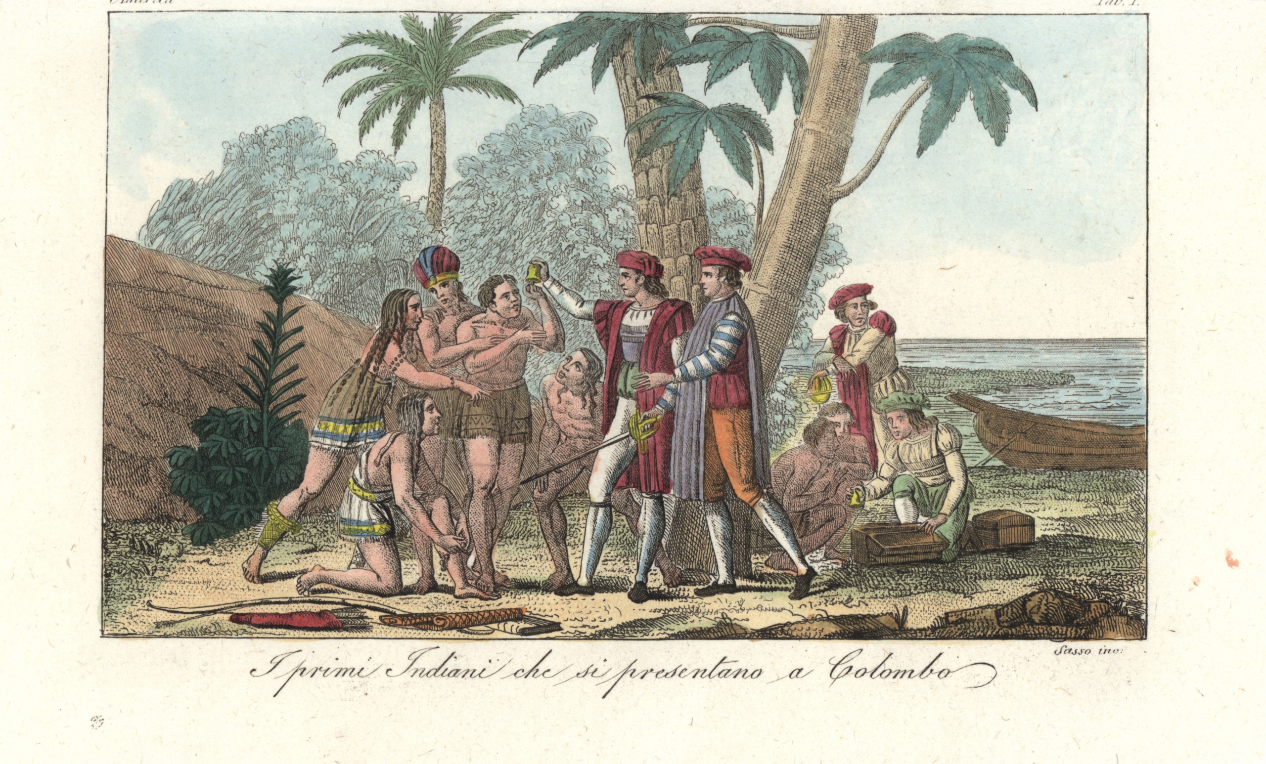 a colorized wood-cut showing Columbus meeting natives on San Salvador
